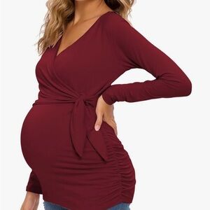 Maternity Nursing Burgundy Wrap Long Sleeve Front Wrap Top Size XL